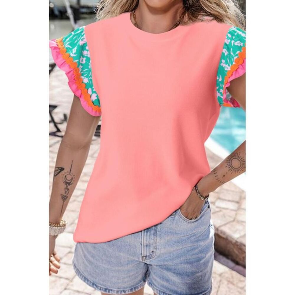 Everyday the Label Ruffled Round Neck Cap Sleeve Top Women Burnt Coral T-Shirts - Picture 1 of 5